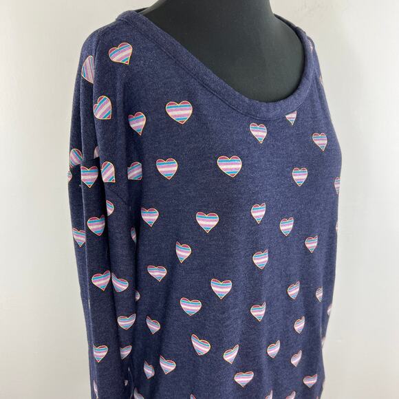 CHASER Blue Heart Print Scoop Neck Long Sleeve Pullover Women's Sweater Size M - Picture 3 of 8